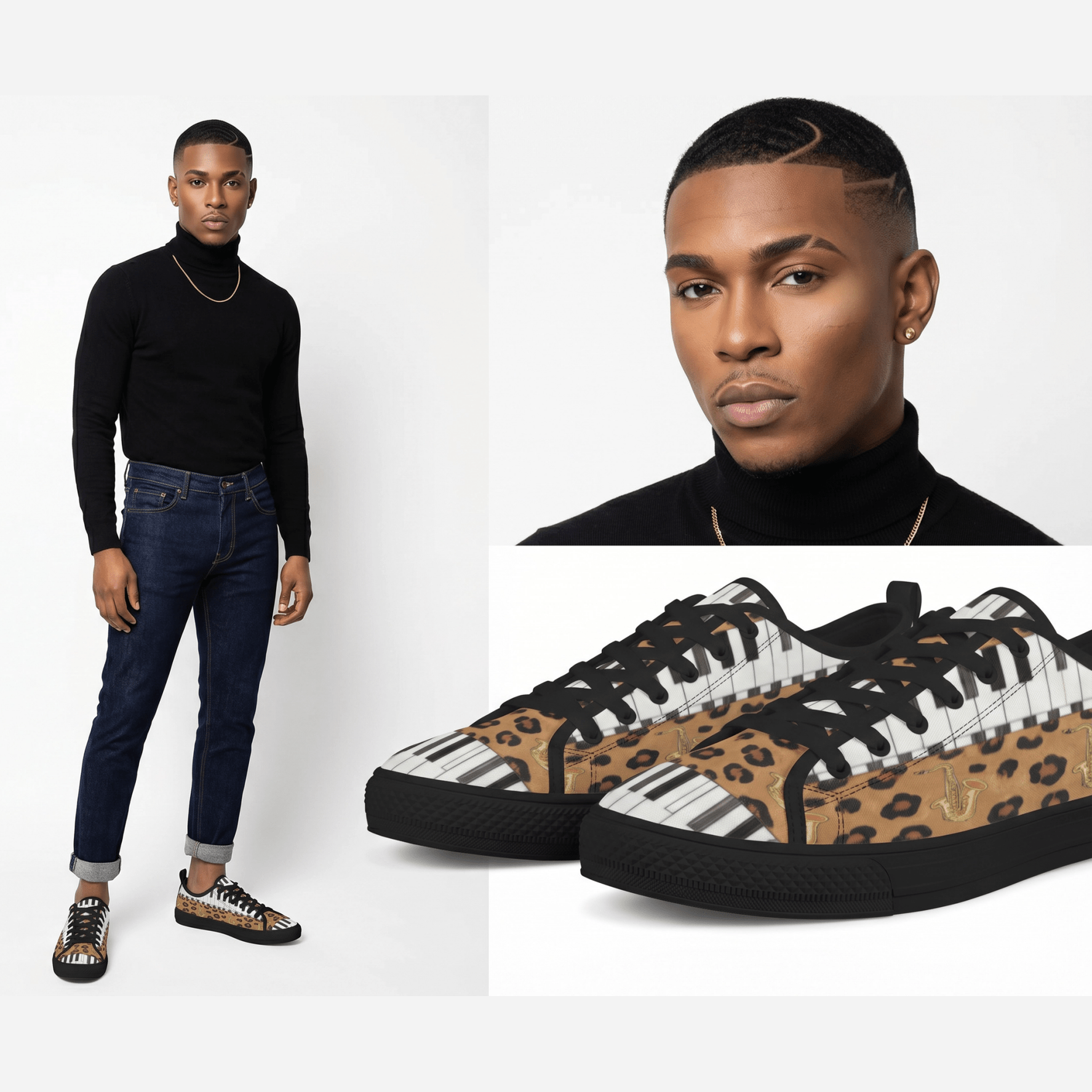 Men’s brown animal-print canvas low-top sneakers with piano and saxophone design and black sole — additional view 16