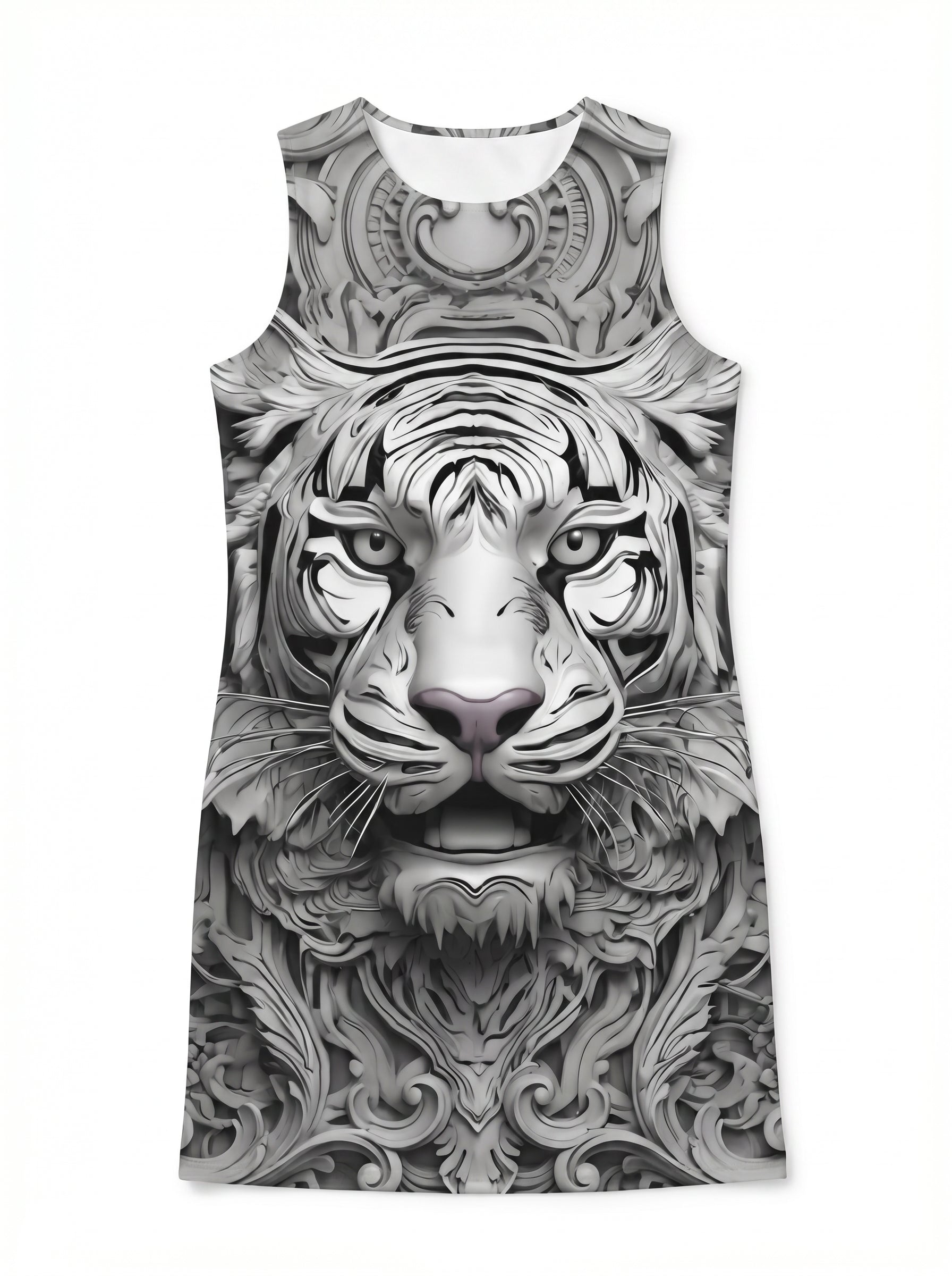 Rich & Rich Silver Baroque Tiger All-Over Print Shift Dress flat mockup