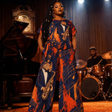 Jazz Palazzo Co-Ord Blue Leopard Saxophone Women's Pants Set