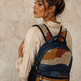 Three-piece backpack set with indigo geometric Gee’s Bend–inspired print, matching lunch bag and pencil case — alternate view