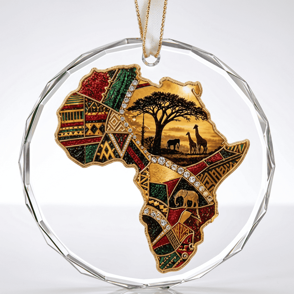 Round crystal glass ornament depicting the African continent with red ribbon and gift box — additional view 10