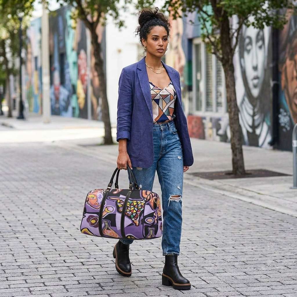 Purple abstract travel duffel bag in waterproof fabric with shoulder strap and luggage tag