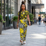 Yellow Floral Women's Black T-Shirt and Golden Hibiscus Zebra Stripe Drawstring Lounge Pants