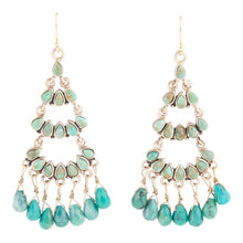 Load image into Gallery viewer, Triple the Blue Turquoise Golden Chandelier Earrings
