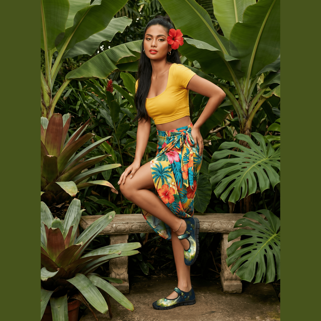 Blue galaxy print Mary Jane shoes with black chunky sole on model
