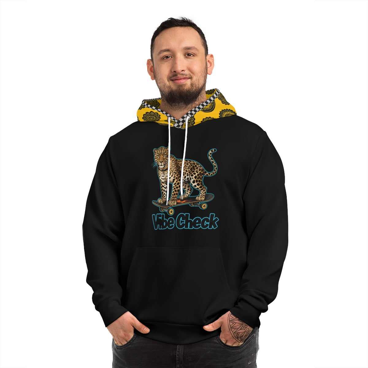 Unisex Vibe Check Hoodie with leopard skateboarding graphic design
