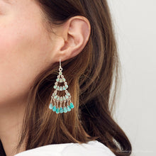 Load image into Gallery viewer, Triple the Blue Turquoise Golden Chandelier Earrings

