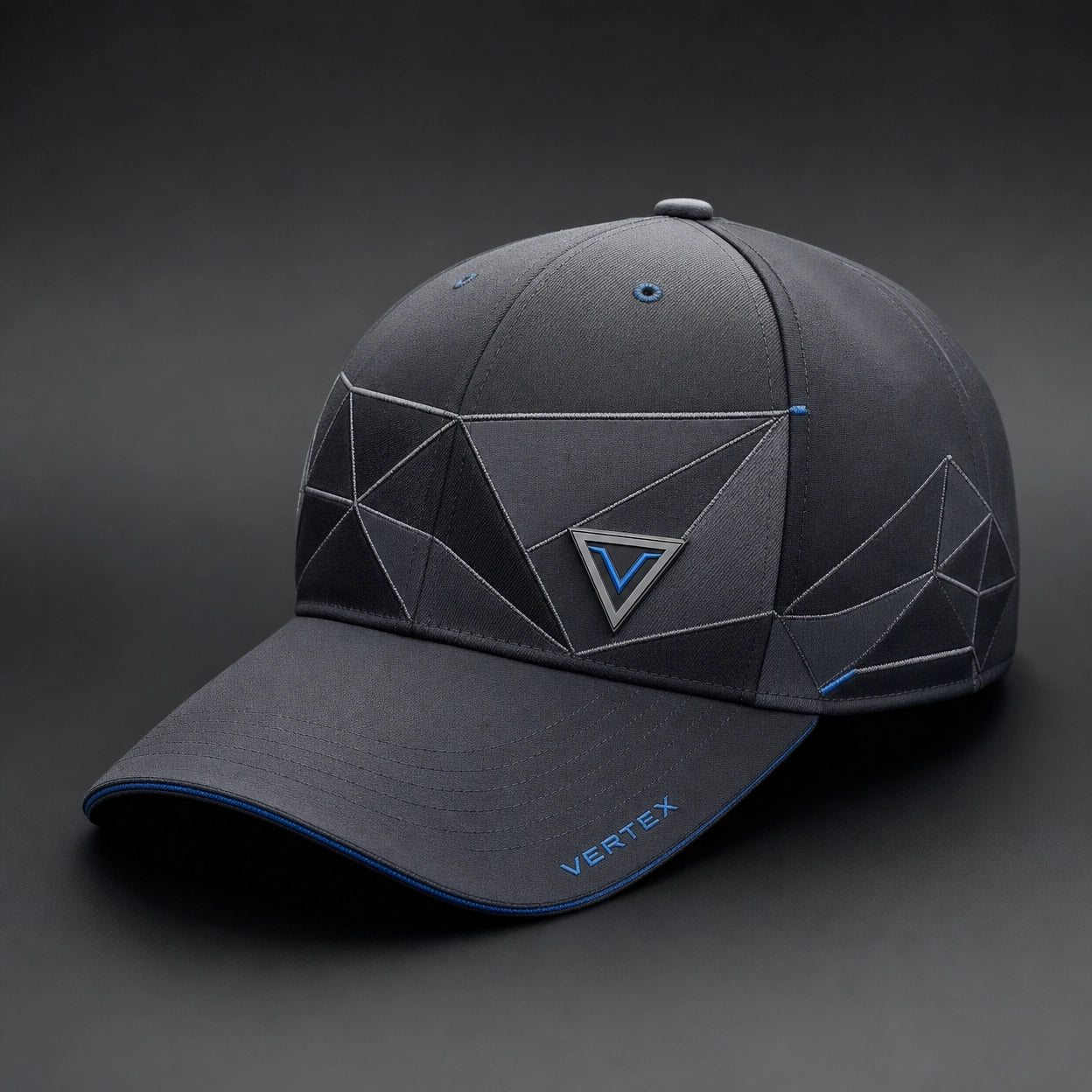 Vertex Triangulated Shadow Baseball Baseball Cap in navy with ice cyan geometric Vertex menswear design