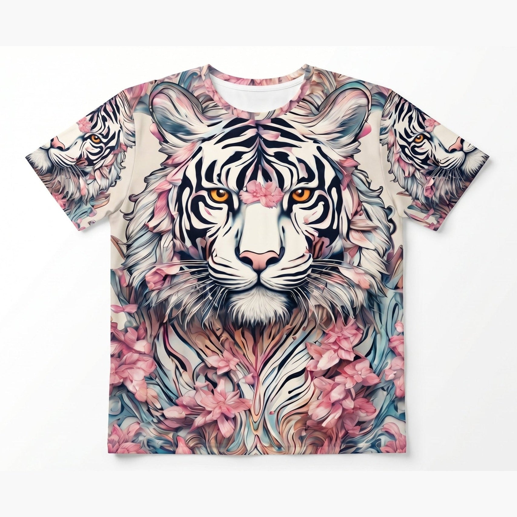 Unisex all-over print T-shirt with a white tiger amid cherry blossoms and baroque gold swirls — alternate view