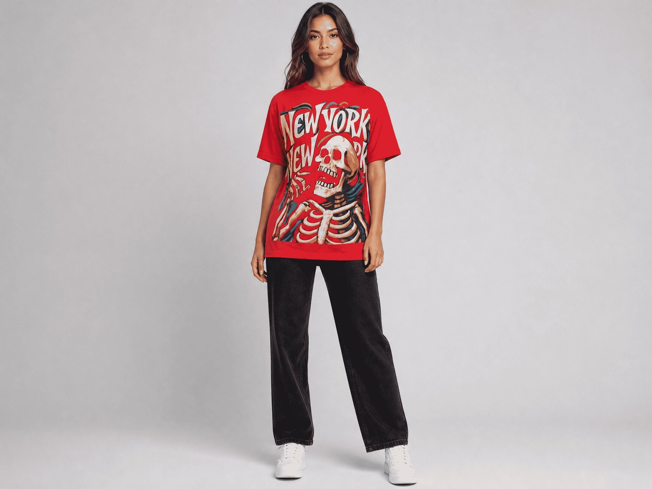 Unisex red tee with playful skeleton skull graphic and vintage-style accents — additional view 7