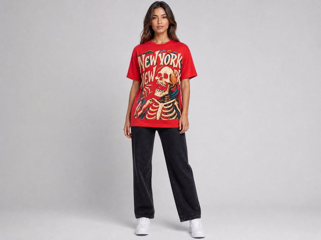 New York Skeleton Graphic Tee, Unisex AOP T-Shirt, Vintage Style, Halloween Apparel, Skull Design, Unique Gift Idea - Rich and Rich Homeopportunities