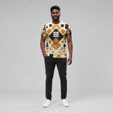 Men's boho chic T-shirt with earthtone geometric print on polyester fabric — rear view