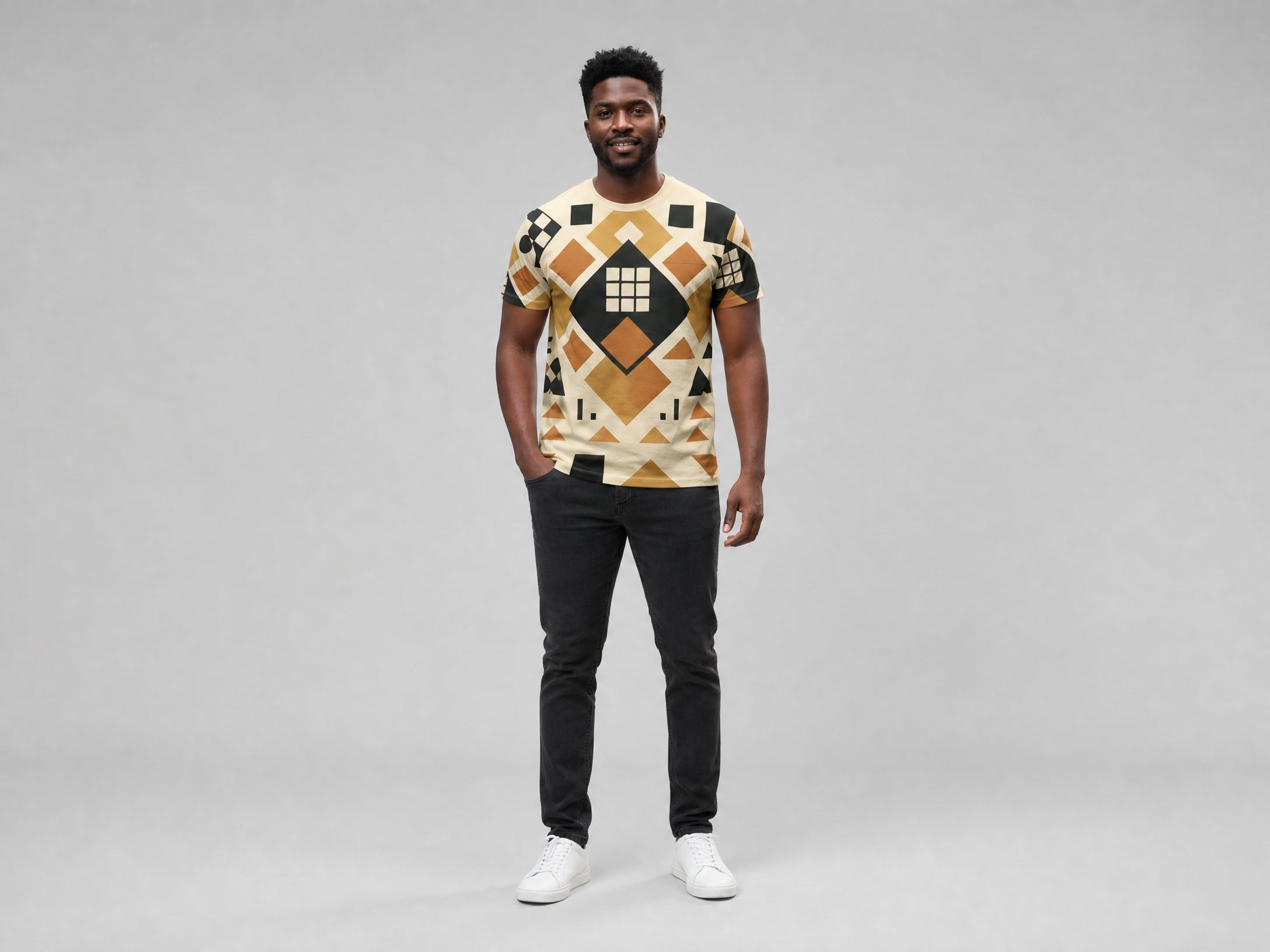 Men's boho chic T-shirt with earthtone geometric print on polyester fabric — rear view