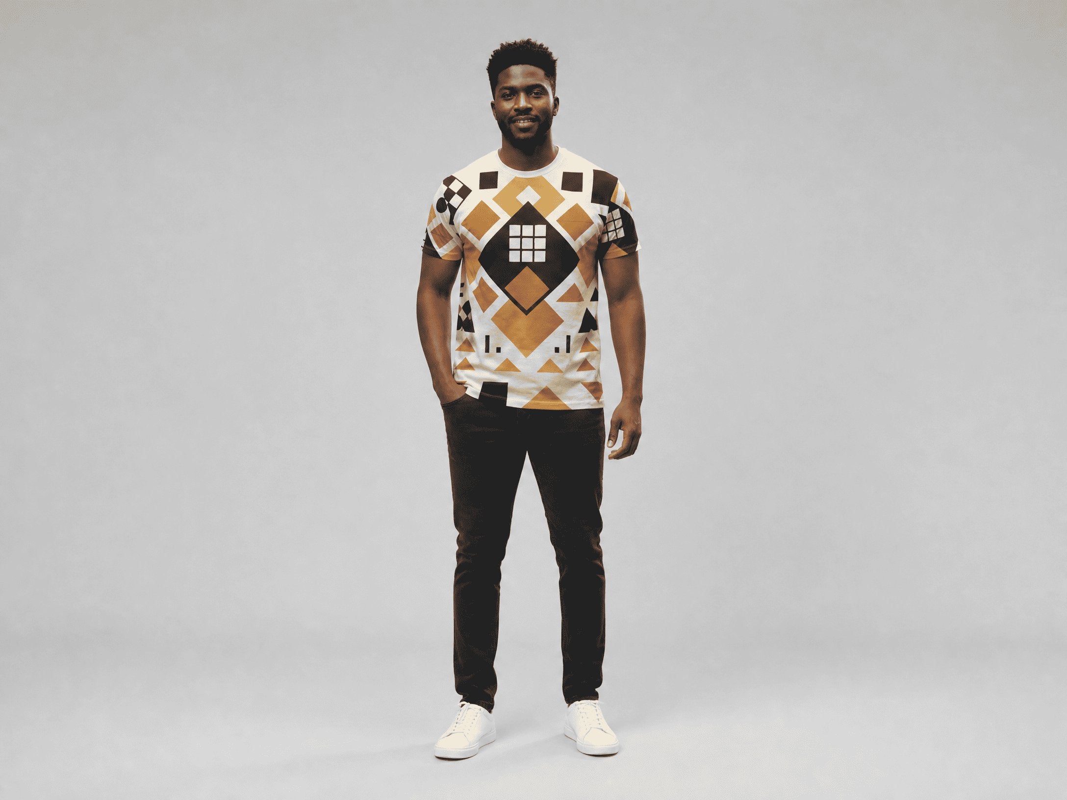 Men's boho chic T-shirt with earthtone geometric print on polyester fabric — rear view
