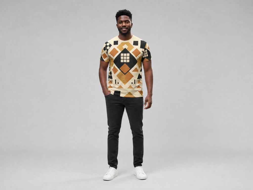 Men's Geometric Shapes Earthtone - Boho Chic for Everyday Wear, Perfect Gift for Art Lovers, Unique Casual T-Shirt, Trendy Summer Top - Rich and Rich Homeopportunities