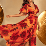 Midi wrap dress with red rose gradient print, flutter sleeves and self-tie waist — alternate view