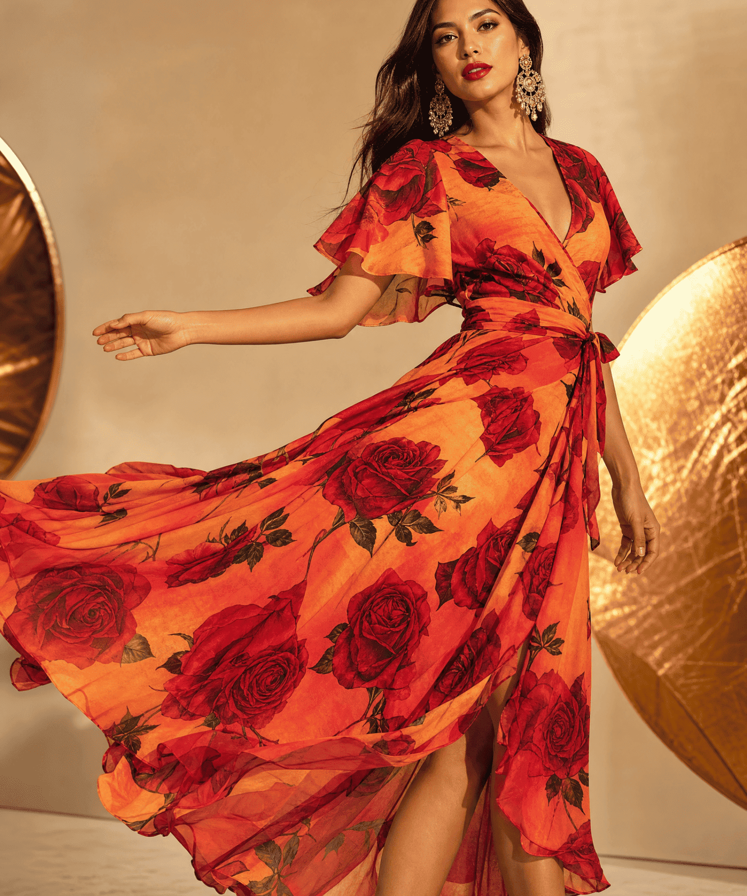 Midi wrap dress with red rose gradient print, flutter sleeves and self-tie waist — alternate view