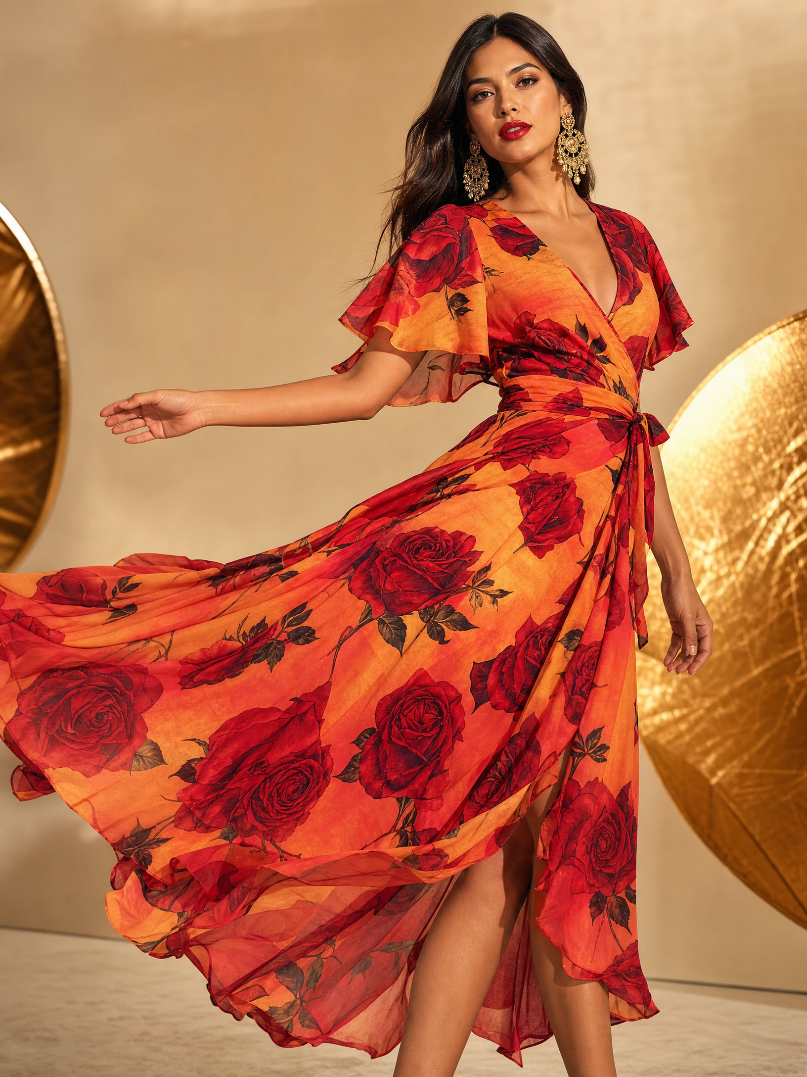 R&RH Red Rose Gradient Women's Wrap Dress