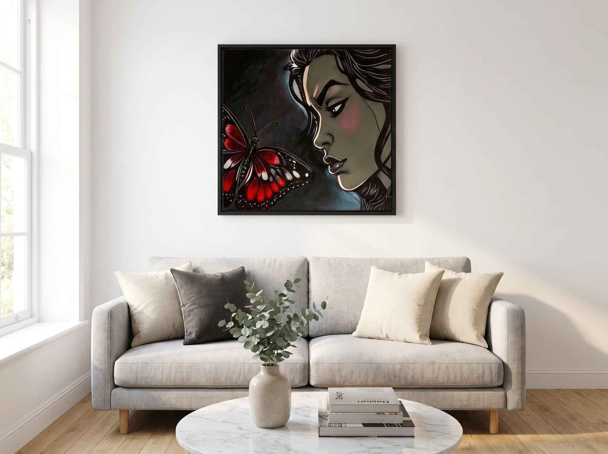 Framed canvas print of black butterfly and caricature figure in swept frame — rear view