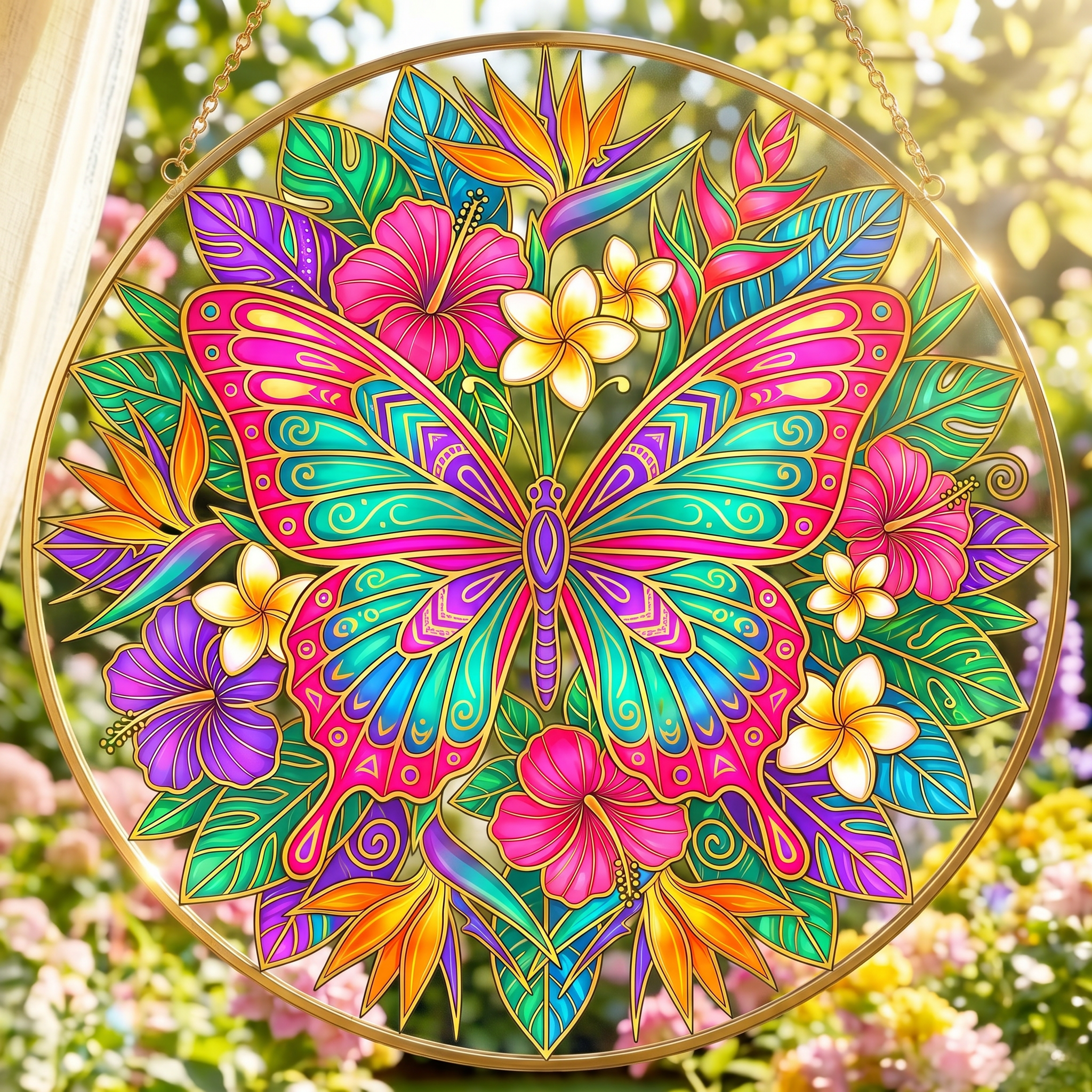 Large butterfly glass suncatcher with gold-lined wings amid pink, teal, and purple floral burst with hanging — alternate view