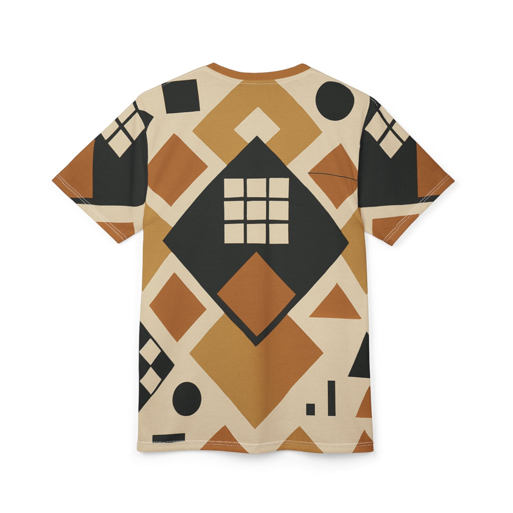 Men's earthtone geometric shapes boho chic casual t-shirt with unique artistic pattern