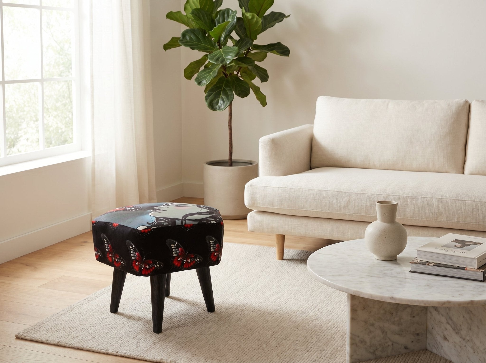 Rich and Rich Butterfly and Caricature Black Hexagon Footstool - Rich and Rich Homeopportunities
