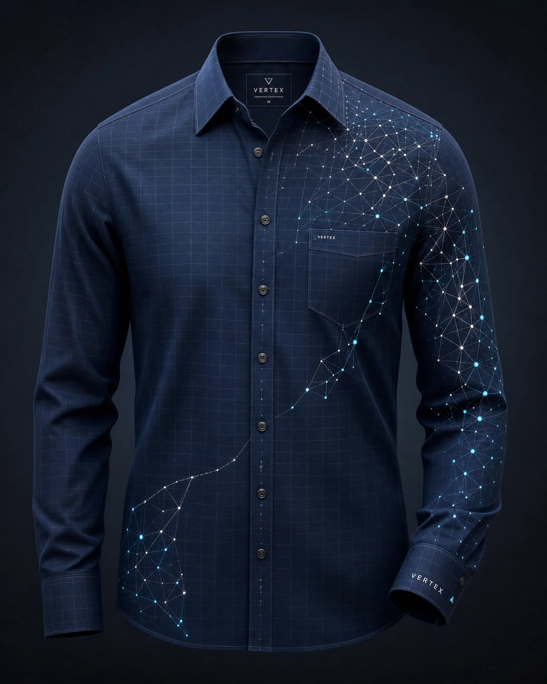 Vertex Quantum Mesh Button-Up Shirt in deep navy with silver geometric Vertex menswear design