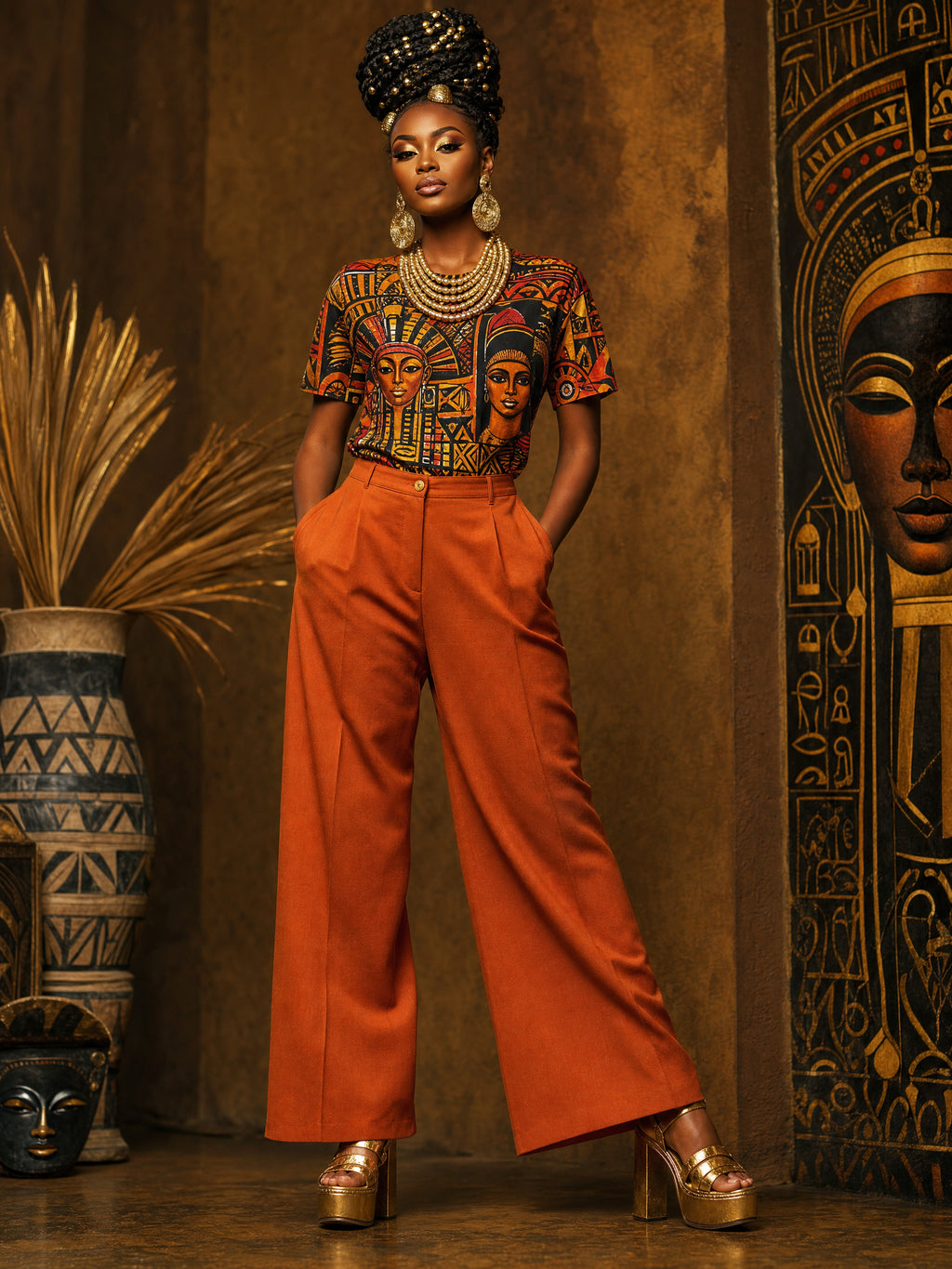 West African model with gold crown wearing Afrocentric Egyptian Art All-Over Print T-Shirt