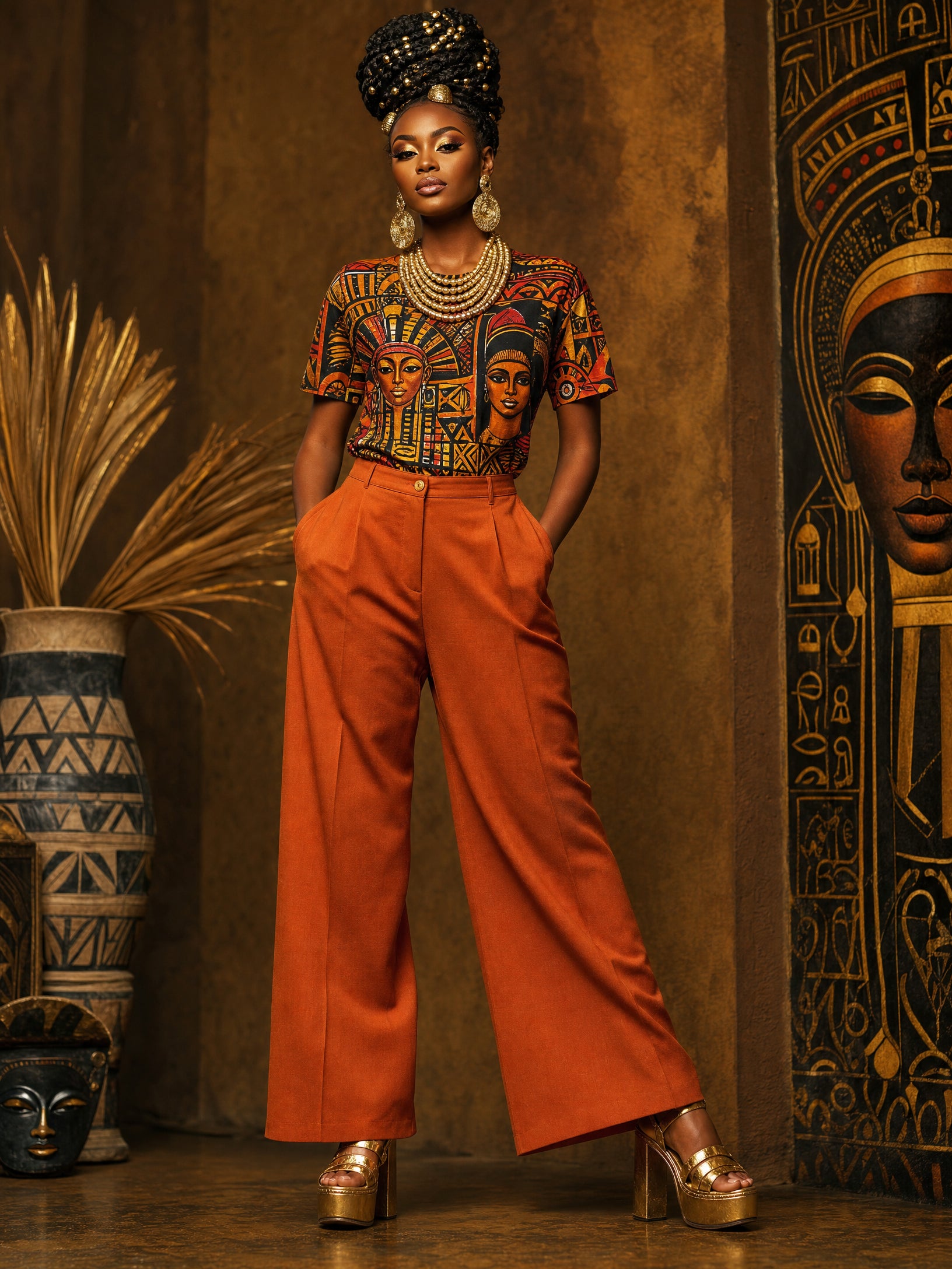 West African model with gold crown wearing Afrocentric Egyptian Art All-Over Print T-Shirt