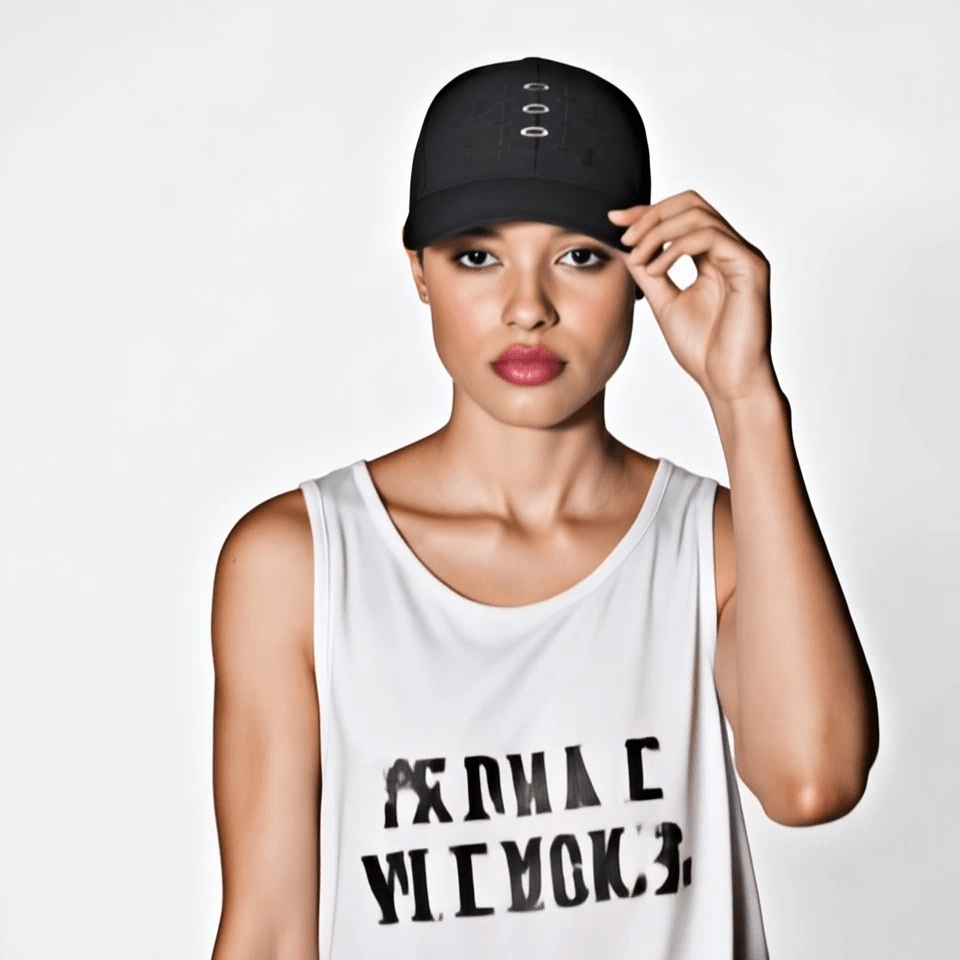 Unisex black cotton cap with geometric pattern and contrast sandwich peak, five-panel design — side view