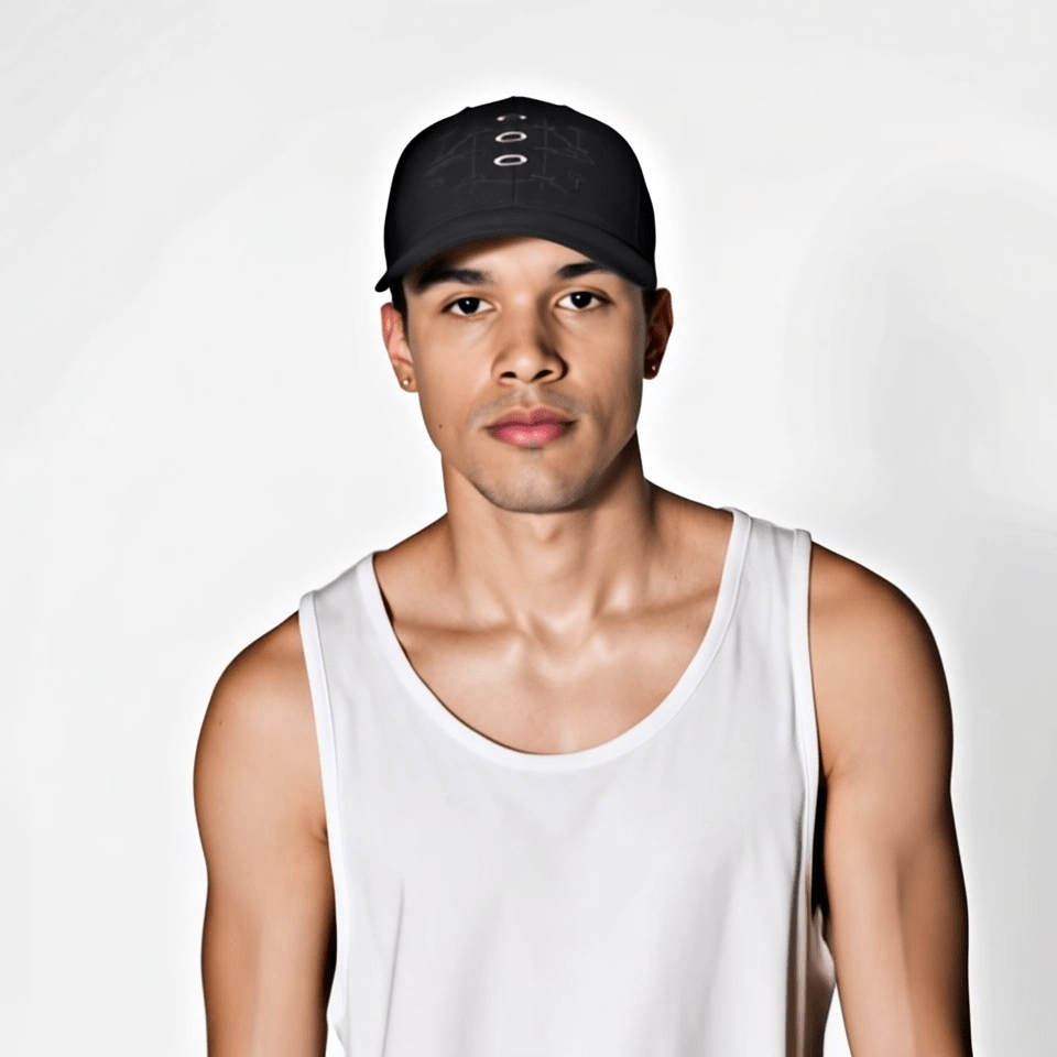 Unisex black cotton cap with geometric pattern and contrast sandwich peak, five-panel design — rear view