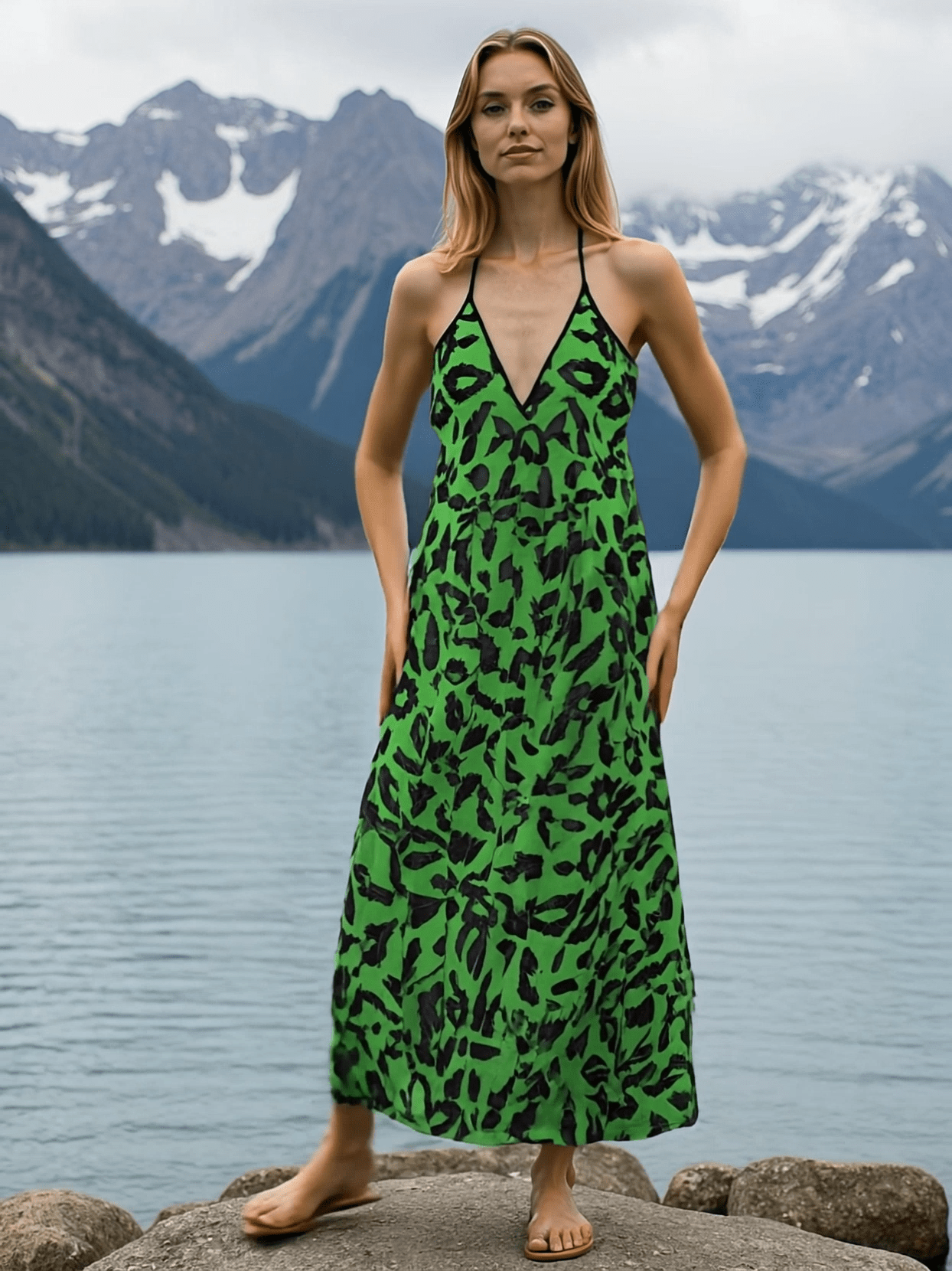 Green halterneck midi dress with backless design and abstract print — additional view 11