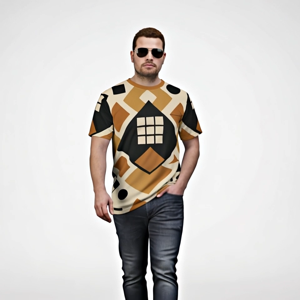 Men's earthtone geometric shapes boho chic casual t-shirt with unique artistic pattern