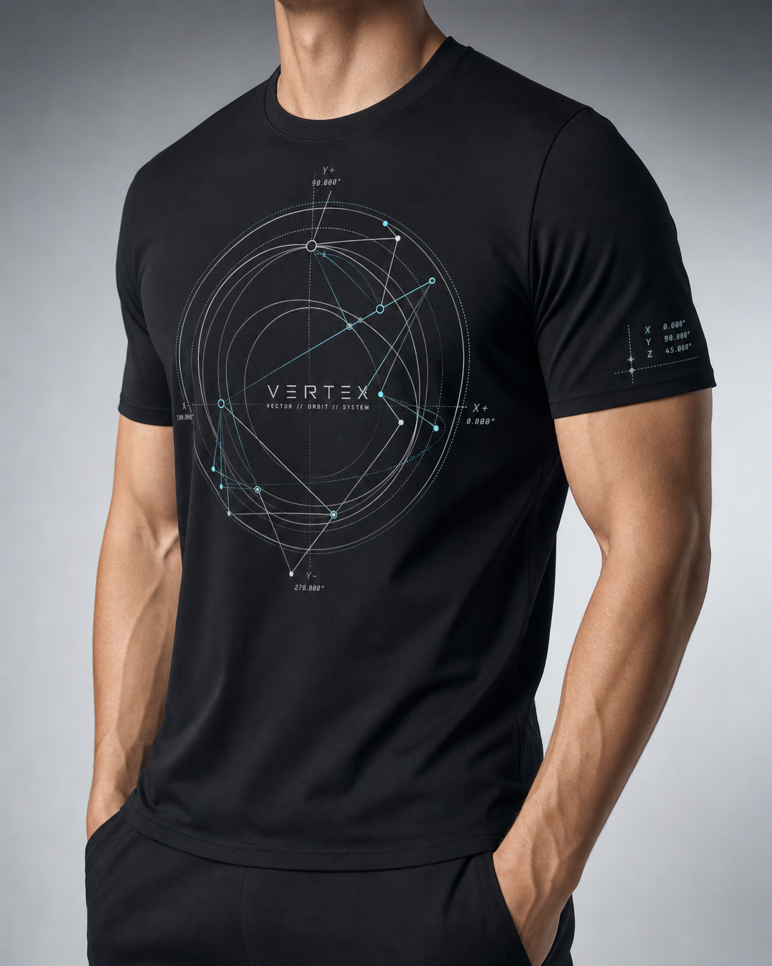 Vertex Vector Orbit T-Shirt in black with silver geometric Vertex menswear design