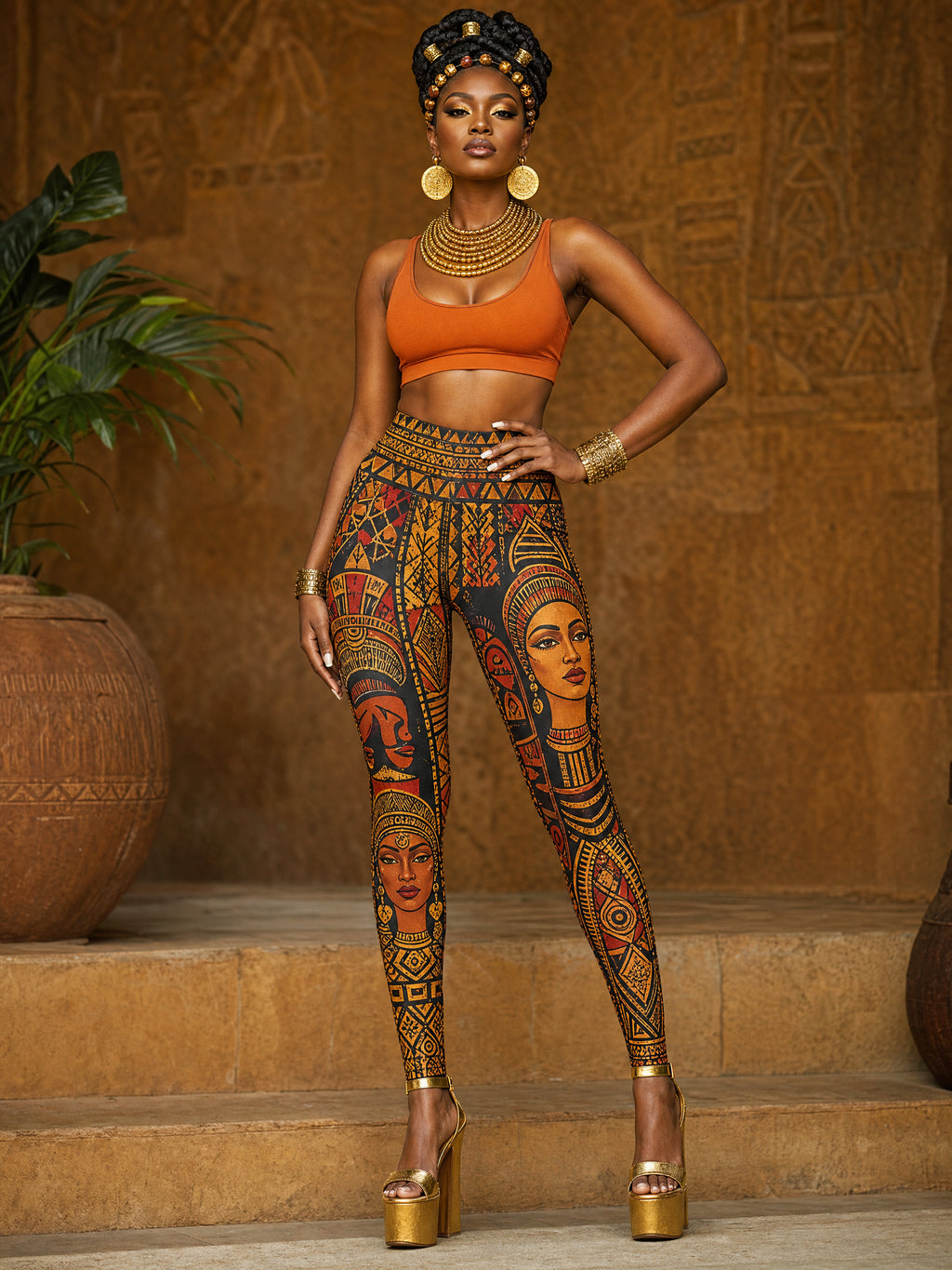 Nigerian model with gold disc earrings wearing Afrocentric Egyptian Art All-Over Print Leggings