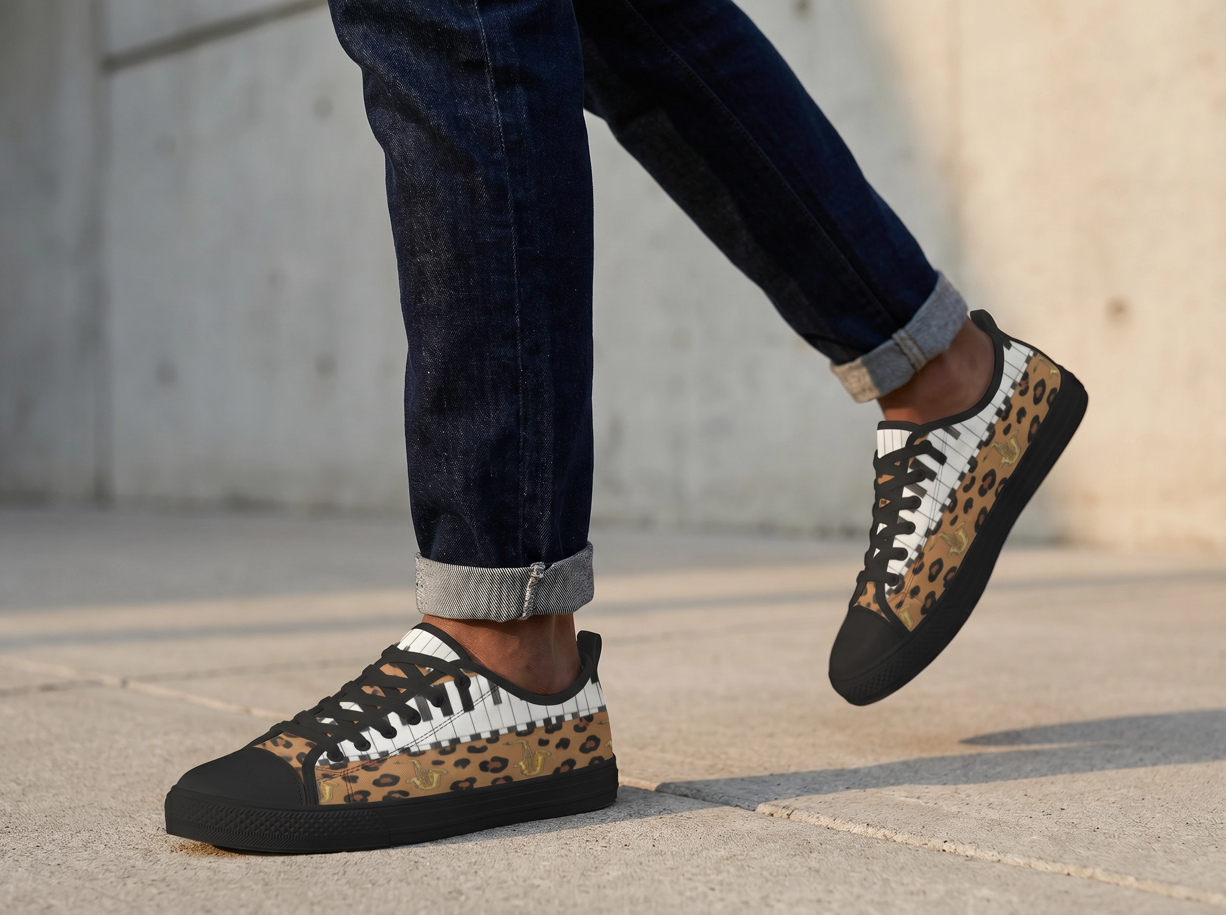 Rich and Rich Men's Brown Animal Piano Saxophone Canvas Low Top Sneaker