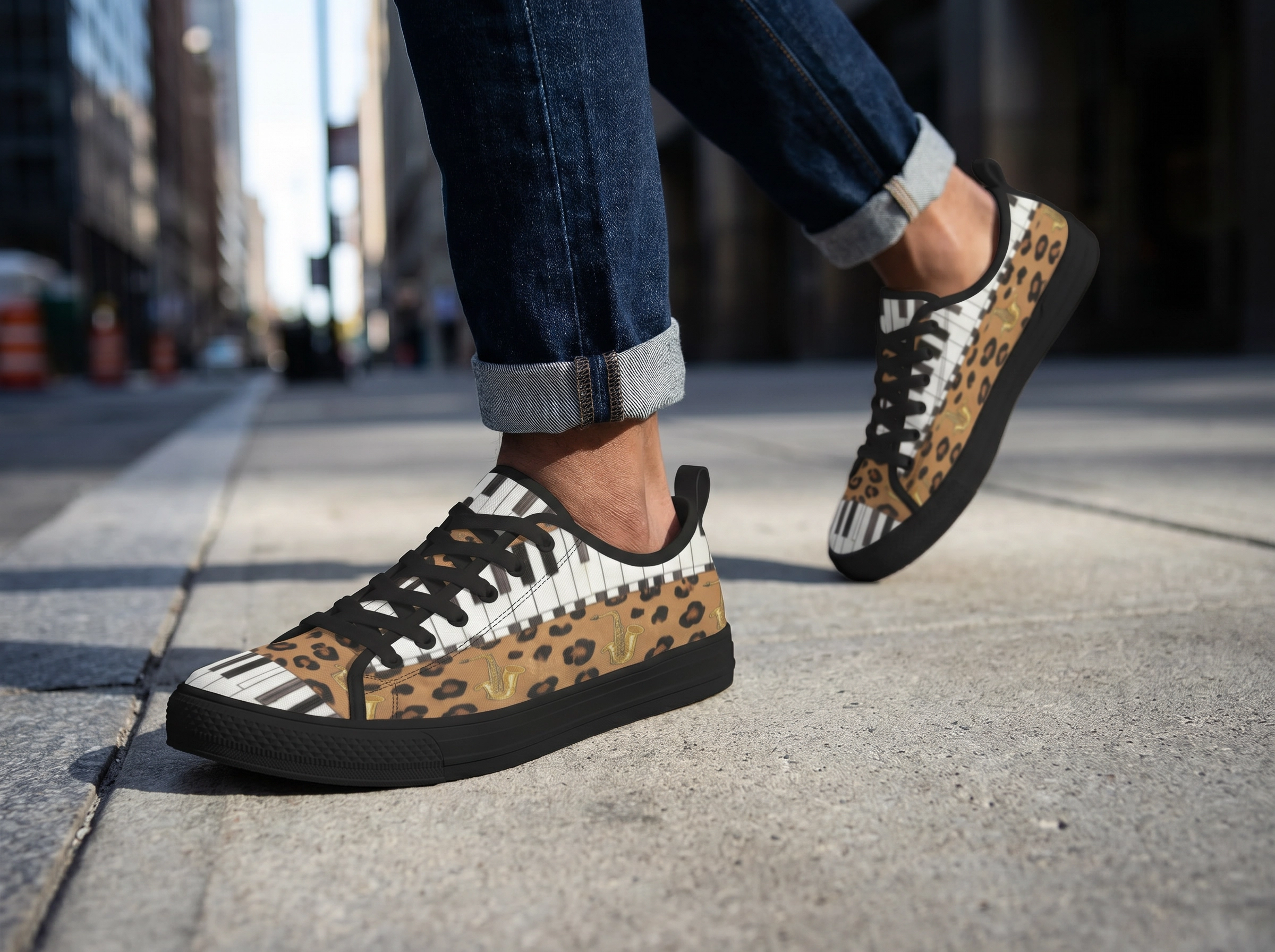 Rich and Rich Men's Brown Animal Piano Saxophone Canvas Low Top Sneaker