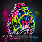 Women's hoodie with neon spraypaint graffiti collage, kangaroo pocket and fitted cuffs — side view