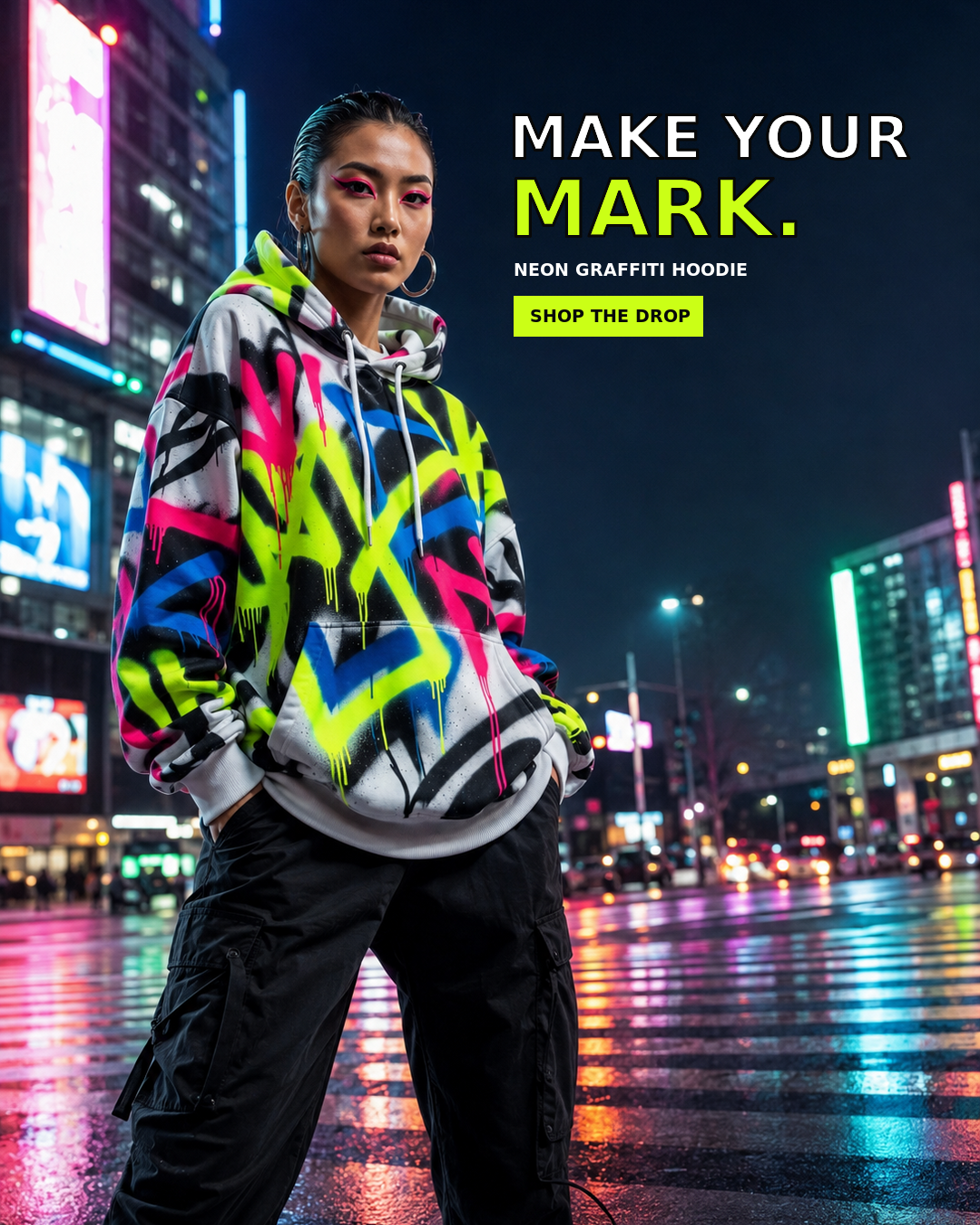 Women's hoodie with neon spraypaint graffiti collage, kangaroo pocket and fitted cuffs — additional view 9