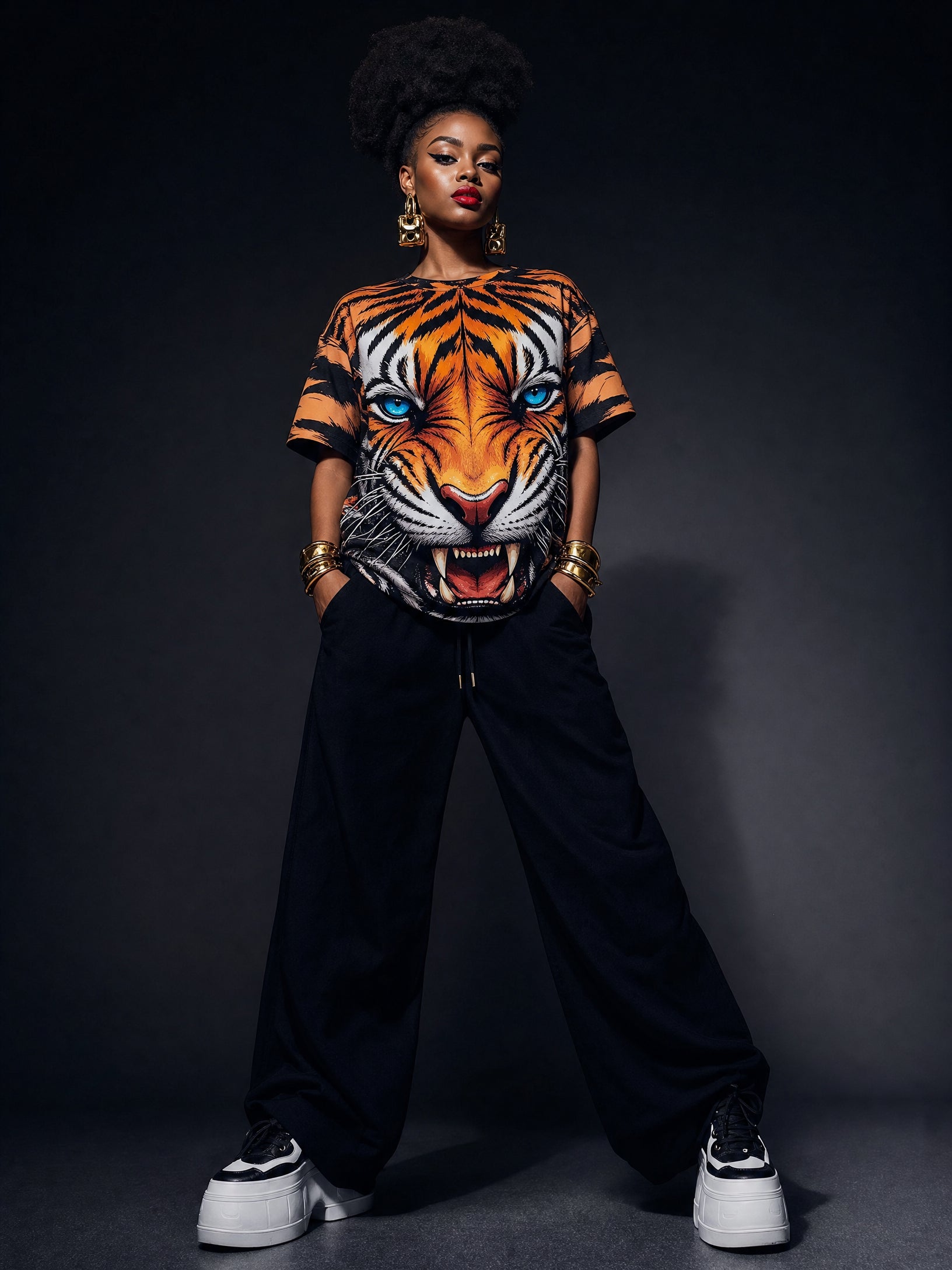Black model with natural afro and gold bangles wearing Blue Eyes Tiger All-Over Print T-Shirt
