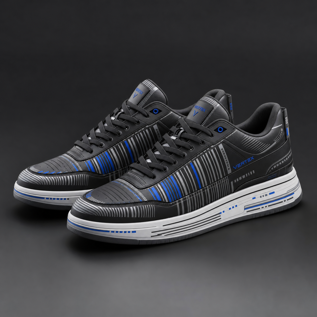 Vertex Algorithm Stripe Sneaker in charcoal with ultraviolet geometric Vertex menswear design
