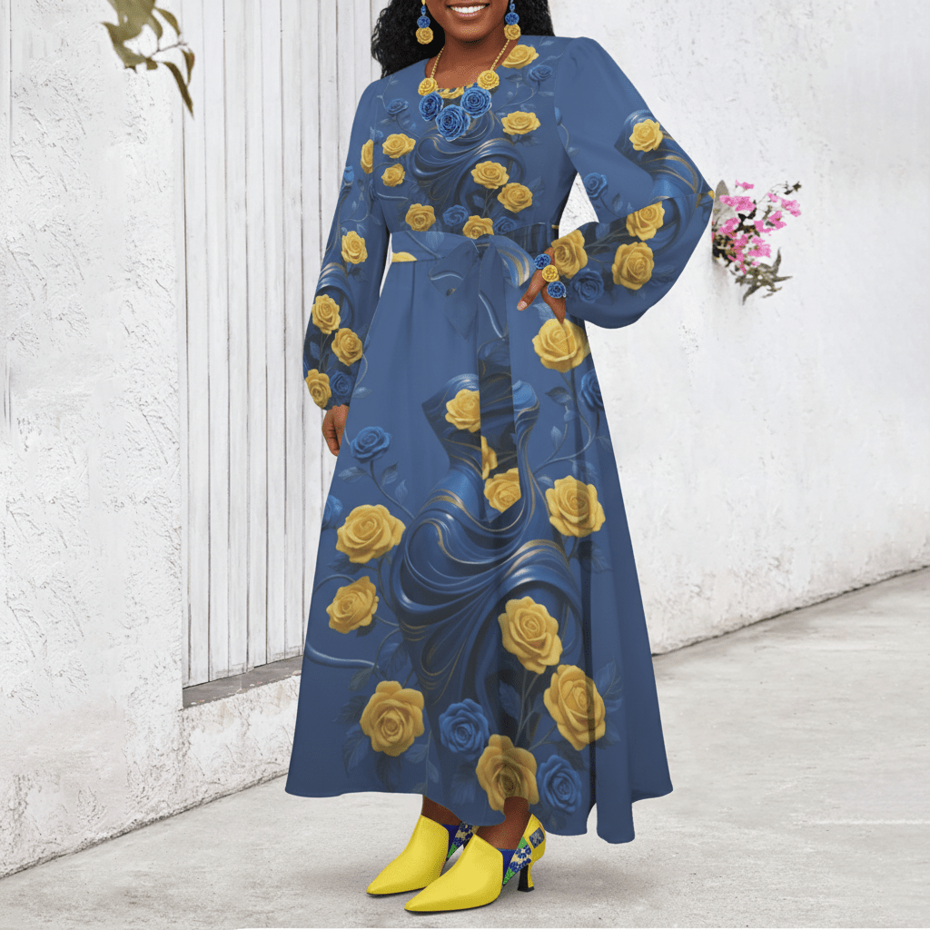 Yellow and blue roses long-sleeve belted maxi dress with round neck and side pockets