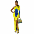 Woman wearing a one-shoulder half sleeve split maxi dress in soft polyester blend