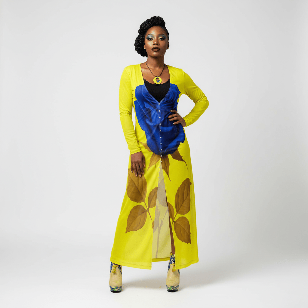 Long yellow cardigan with blue rose print, V-neck and full-length button-through silhouette — additional view 7