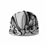 White snapback cap with white abstract print, flat brim and adjustable snap strap