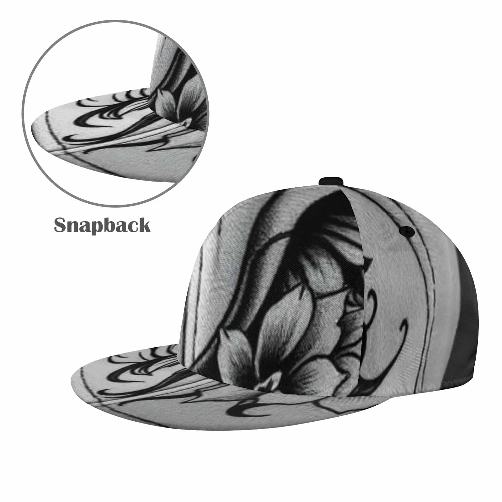 White snapback cap with white abstract print, flat brim and adjustable snap strap — alternate view